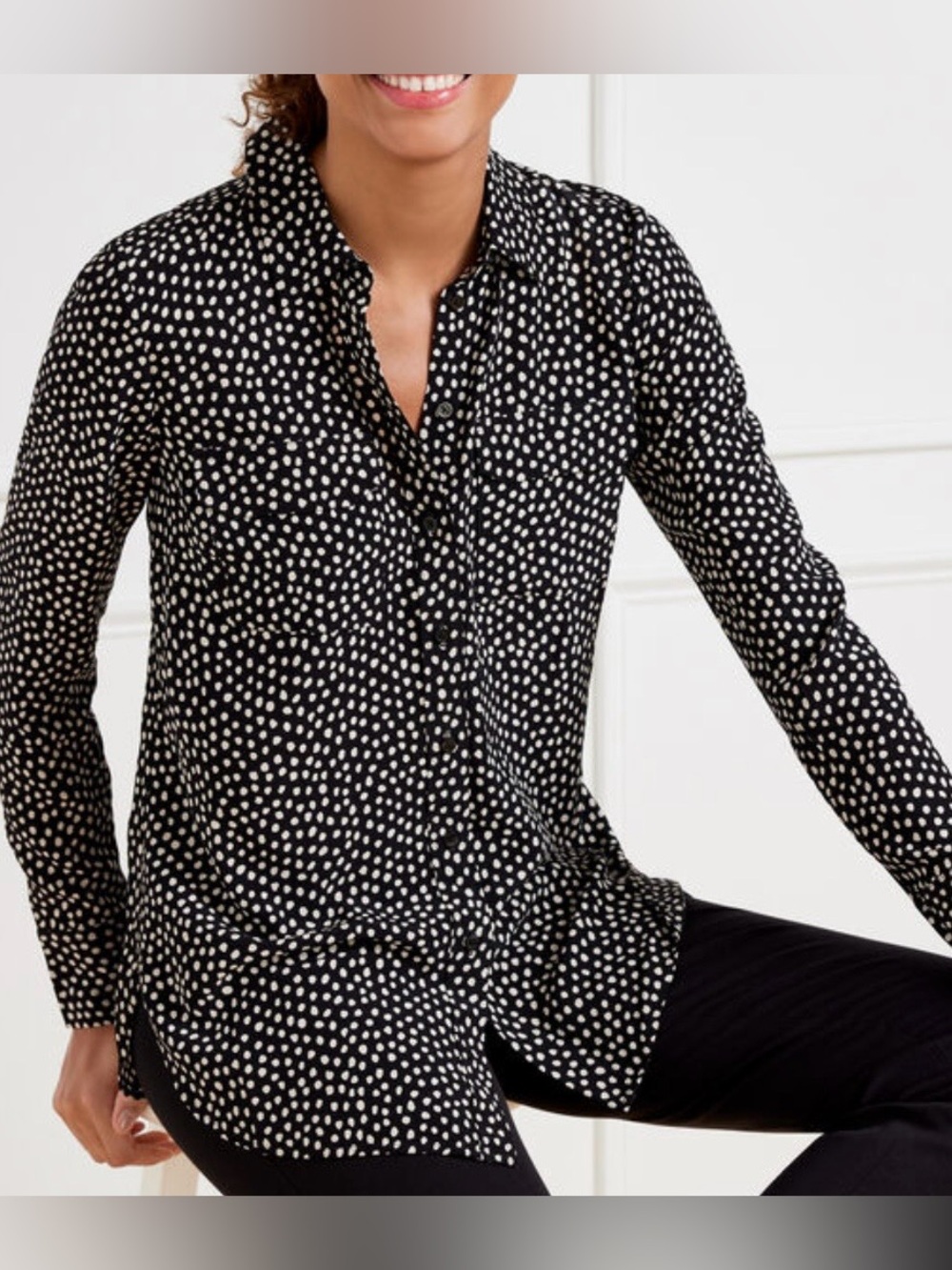 NFS Talbots Polkadot button down Boyfriend Shirt Women 1X Petite Black white NEW
